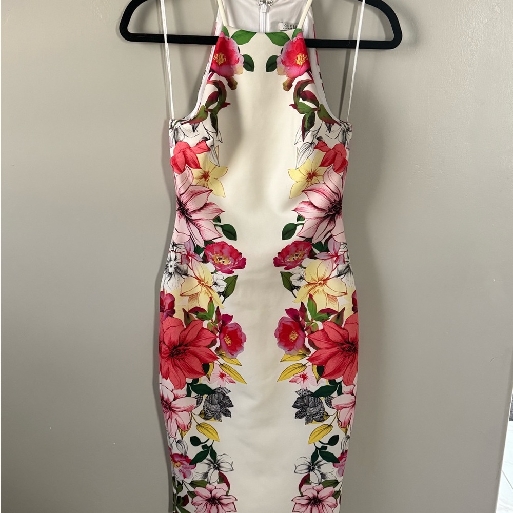 Guess Strapless Floral Dress - Red, Pink, Yellow on Cream